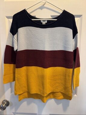 Old Navy Navy White Burgundy Mustard Striped Scoopneck Sweater